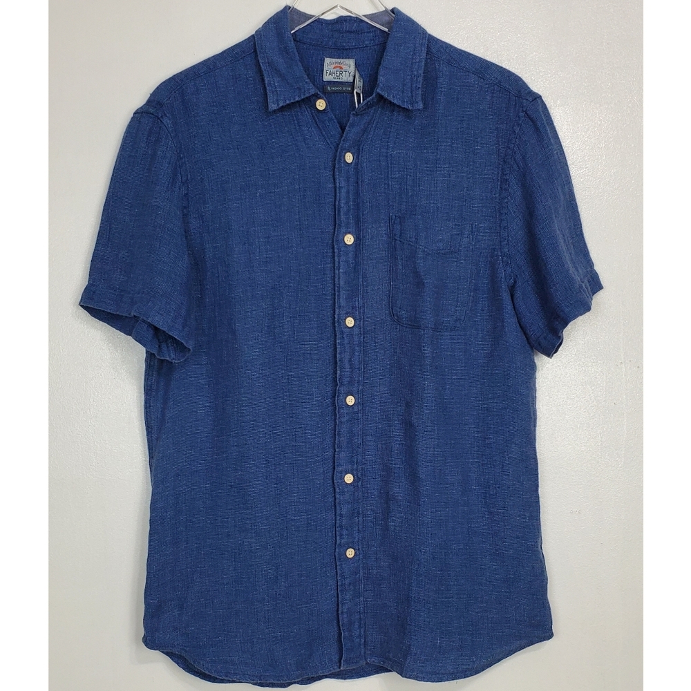 NWT Faherty small mens palma linen short sleeve button shirt indigo dyed summer
